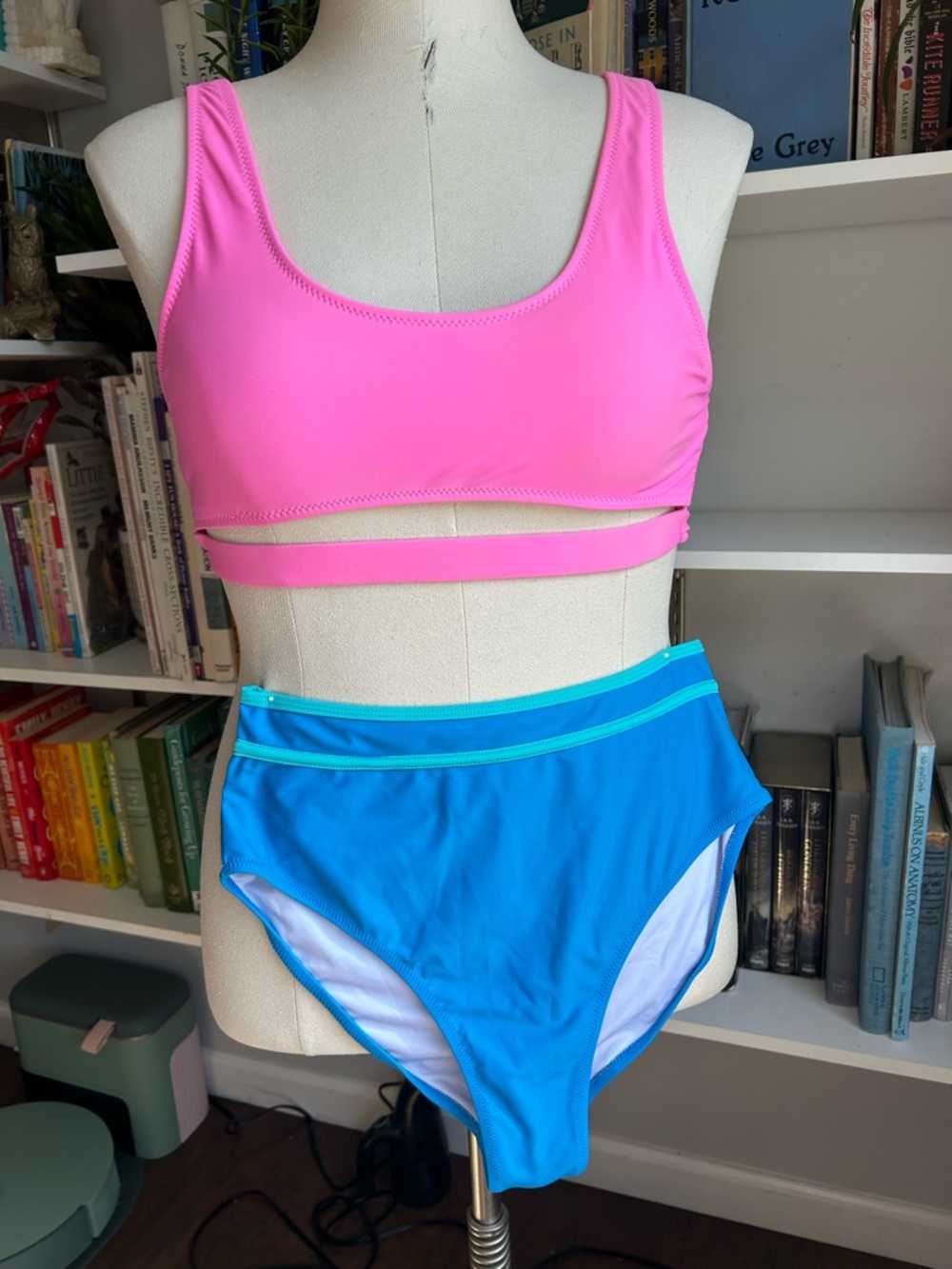 Colorblock High-Waist Bikini Set in Pink & Blue